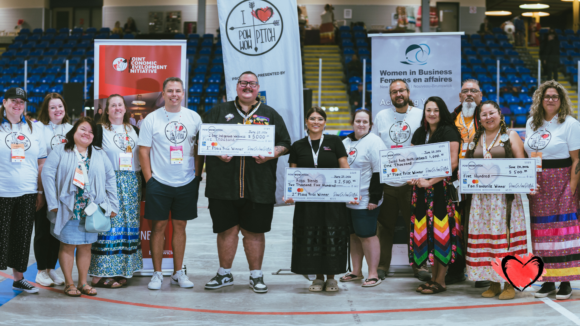 Group photo of judges, mentors, and winners at the 2026 Sitansisk Pow Wow Pitch. Photo by Mason Paul.